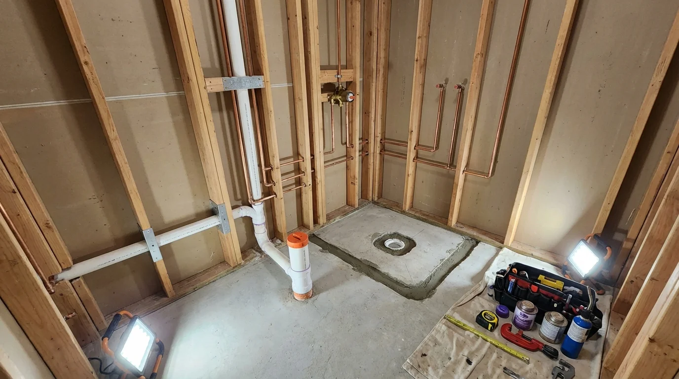 Bathroom rough-in plumbing during remodel by Johns Plumbing LLC in Ceres