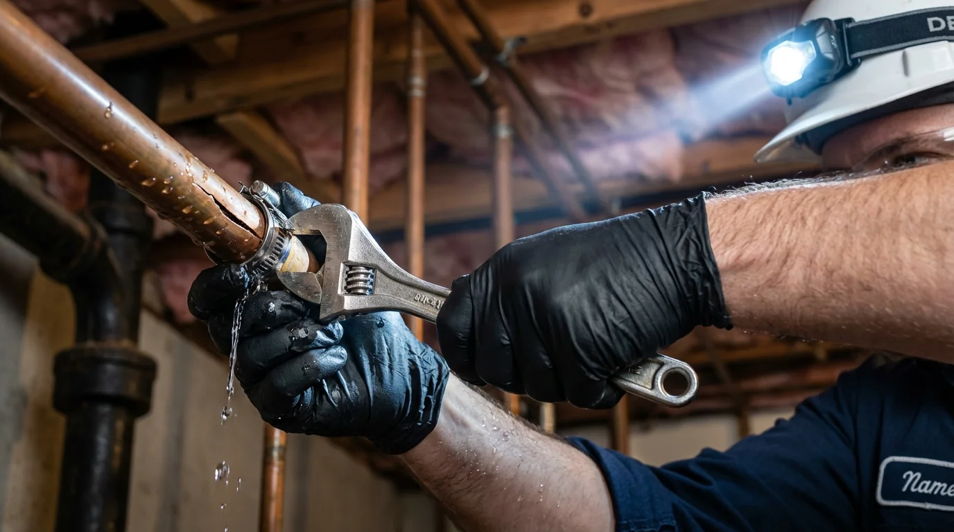 Emergency pipe clamp repair being performed by a Johns Plumbing LLC plumber in Ceres