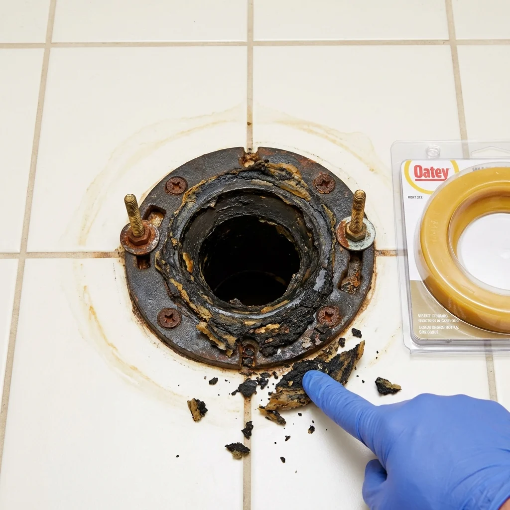 Failed wax ring showing water seepage at the base of a toilet in a Ceres, CA home