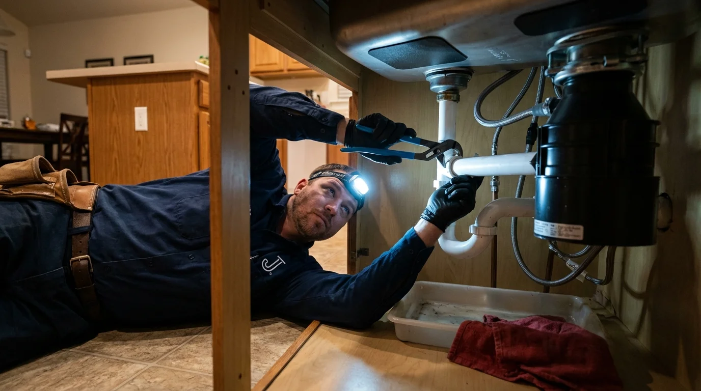 P-trap and supply line connections under a kitchen sink showing a common leak point in Ceres, CA